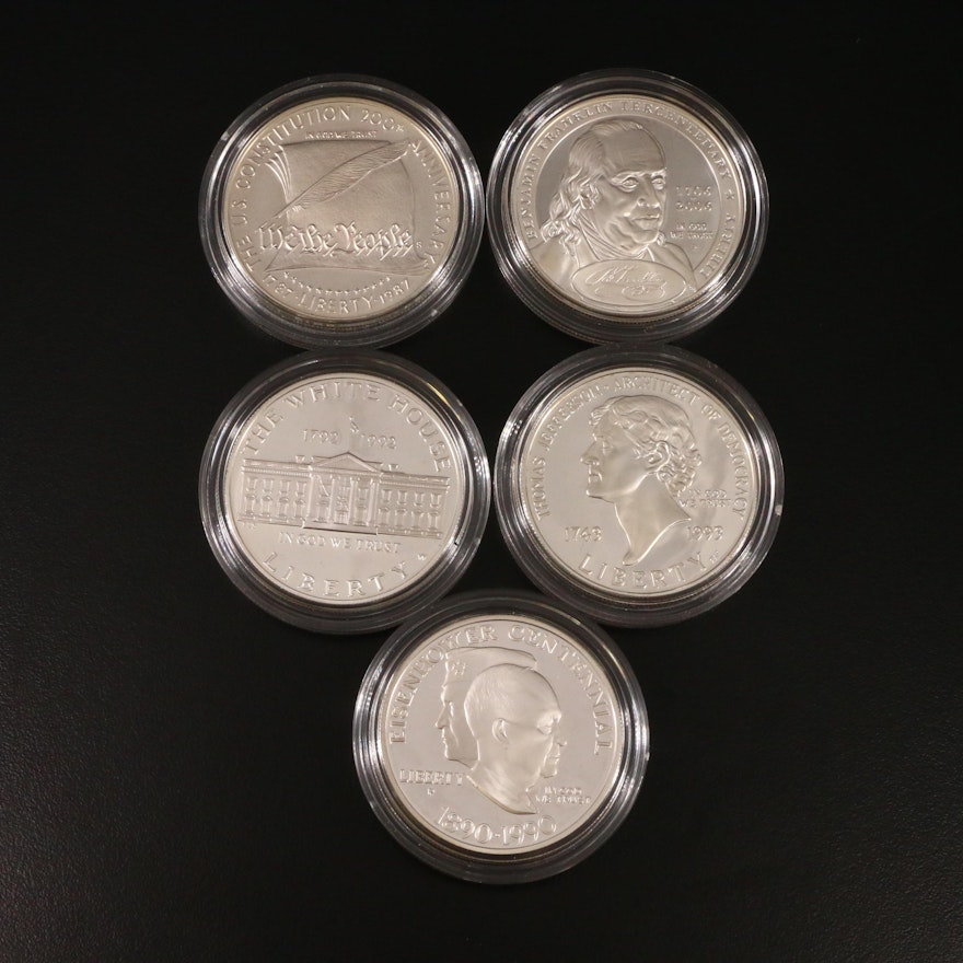 Five U.S. Commemorative Silver Dollar Proof Coins Including 2006-P Ben Franklin