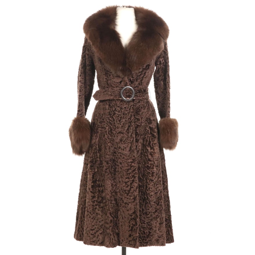 Brown Broadtail Lamb Coat with Fox Fur Trim from Thomas E. McElroy, 1970s