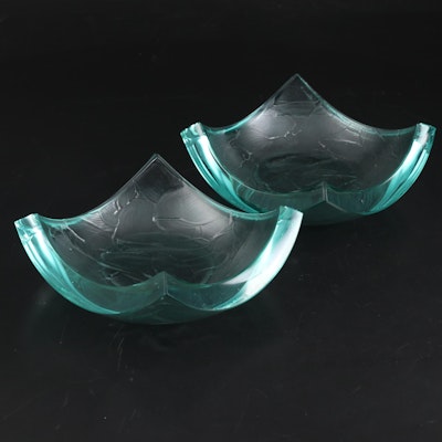 Pair of Stephen Schlanser Green Slumped Art Glass Bowls, 1996