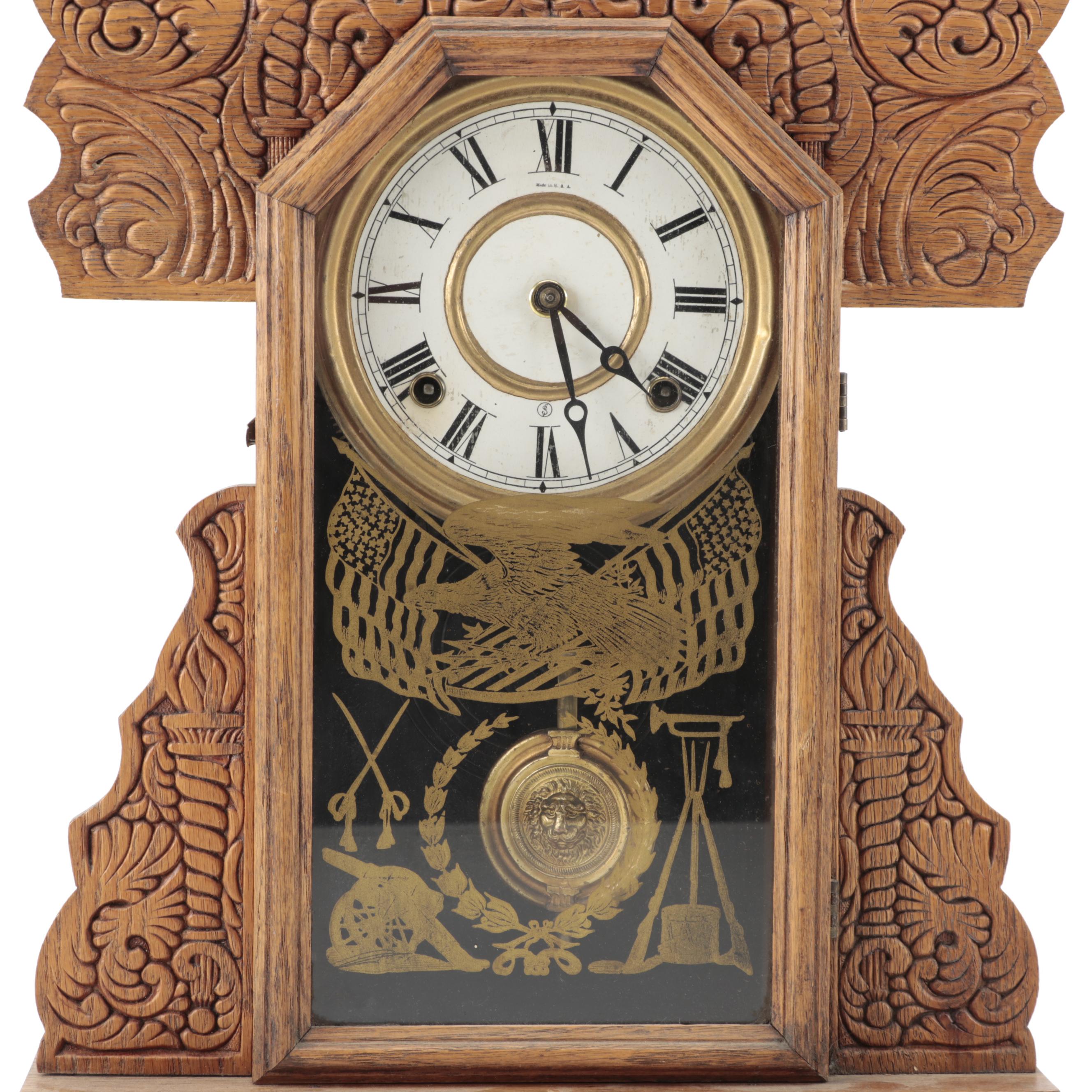 Seth Thomas Carved Oak Gingerbread Mantel Clock, 19th Century EBTH