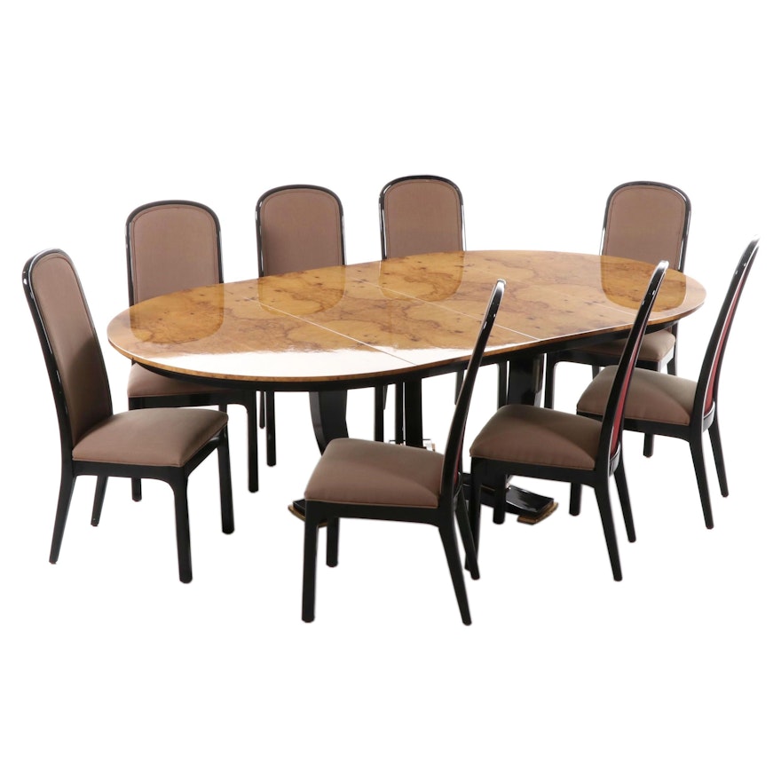 Interior Crafts Modern Black Lacquered Table with Burl Top and Eight Chairs