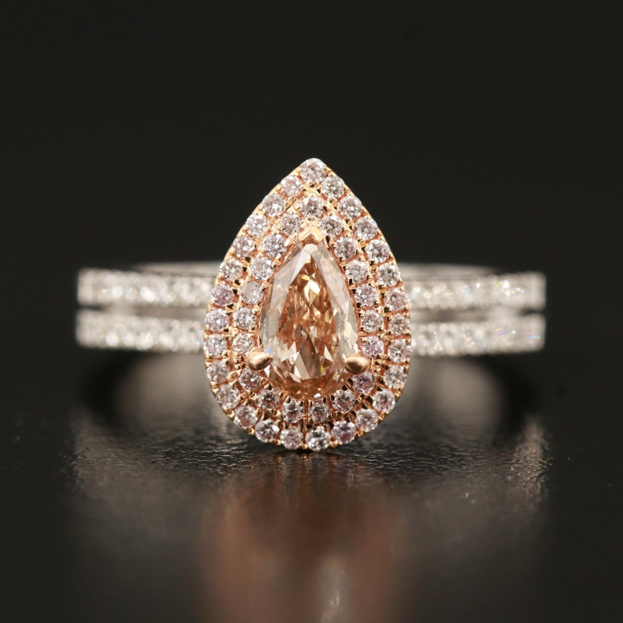 18K Diamond Teardrop Ring with Fancy Yellow Center Diamond and Rose Gold Accent