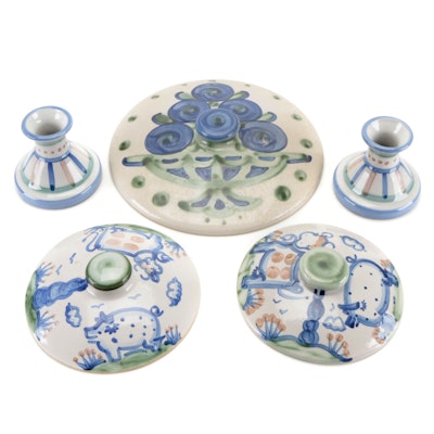 M.A. Hadley Hand-Painted Earthenware Candlesticks and Casserole Lids