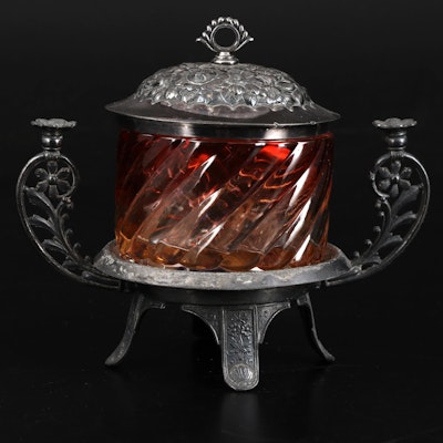 Victorian James W. Tufts Silver Plate and Amberina Glass Sugar Bowl
