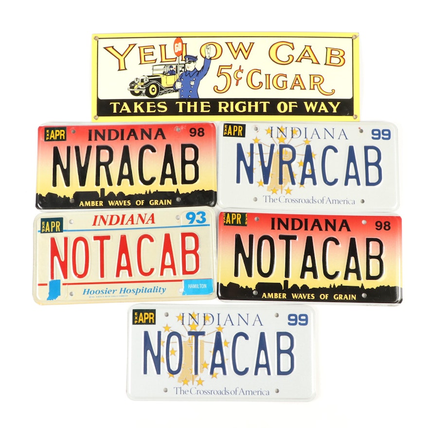 Art Rooney Yellow Cab Porcelain Sign and Indiana Notacab License Plates, 1990s