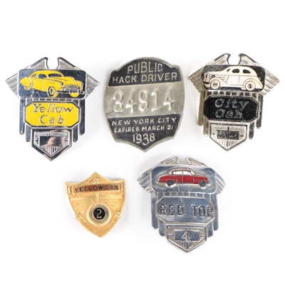1938 NYC Public Hack Driver Badge and Other Vintage Taxi Service Pinbacks