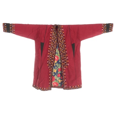 Central Asian Turkmen Coat in Red with Yomut Embroidery and Floral Print Lining