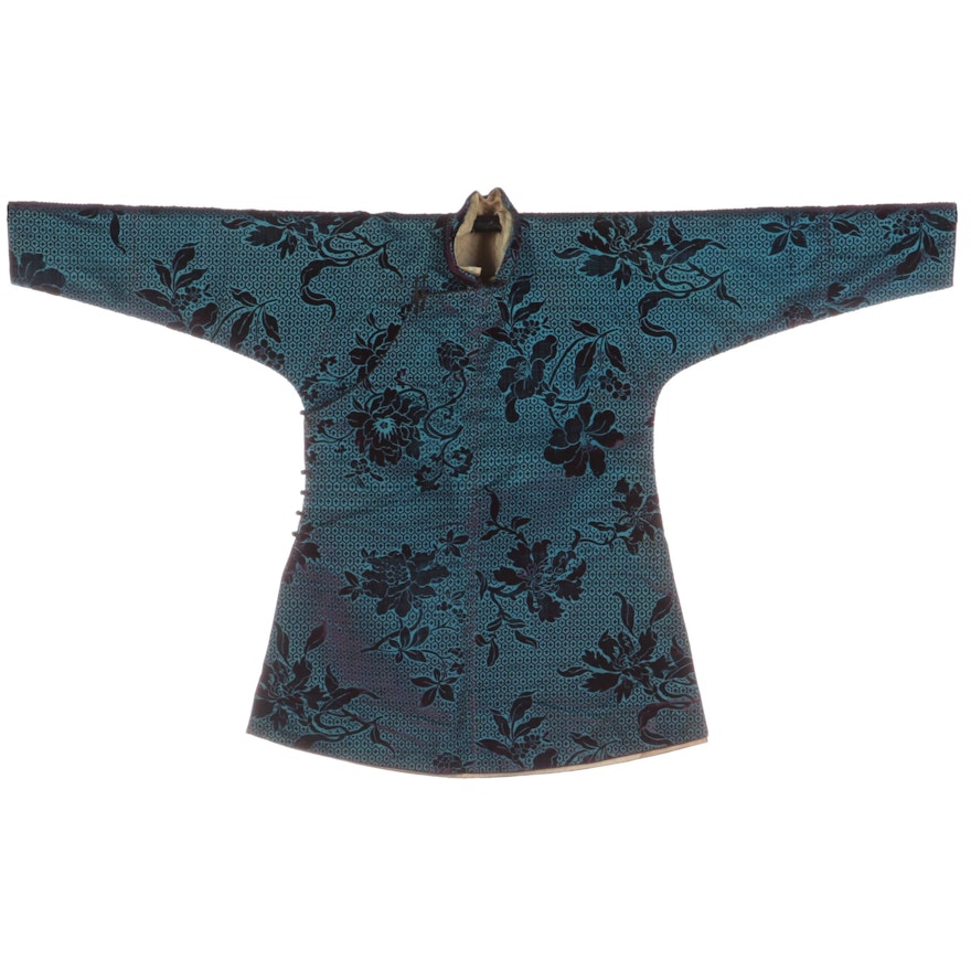 Traditional Chinese Jacket in Iridescent Silk and Velvet with Scrolling Florals