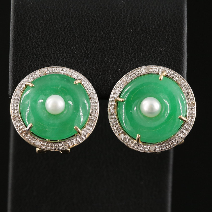 14K Jadeite, Pearl and Diamond Earrings