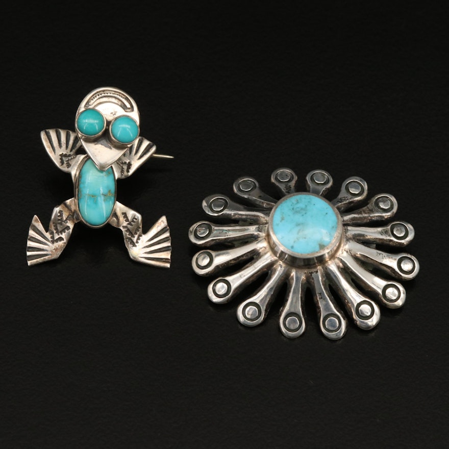 Sterling Imitation Turquoise Brooches Including Frog Brooch