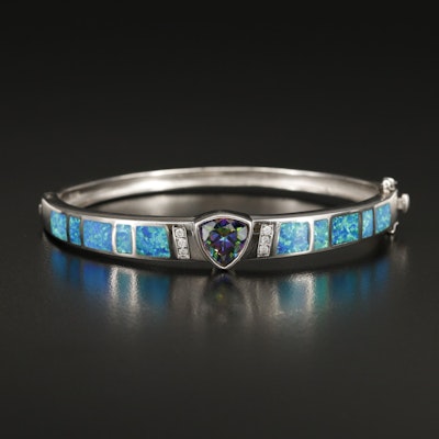 Sterling Hinged Bangle with Cubic Zirconia and Opal