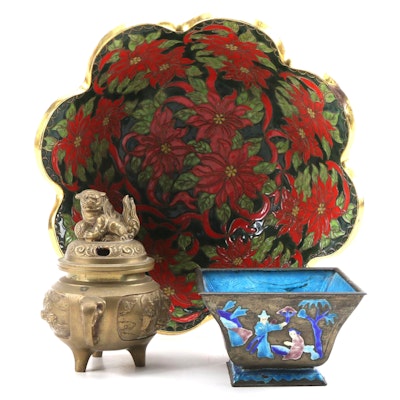 Chinese Cloisonné  Bowls with Cast Brass Tóngshī Guardian Lion Censer, 20th C