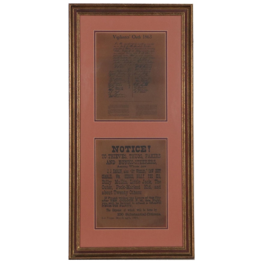 Vigilantes' Oath of 1863 and Wanted Sign Framed Facsimile Lithographs