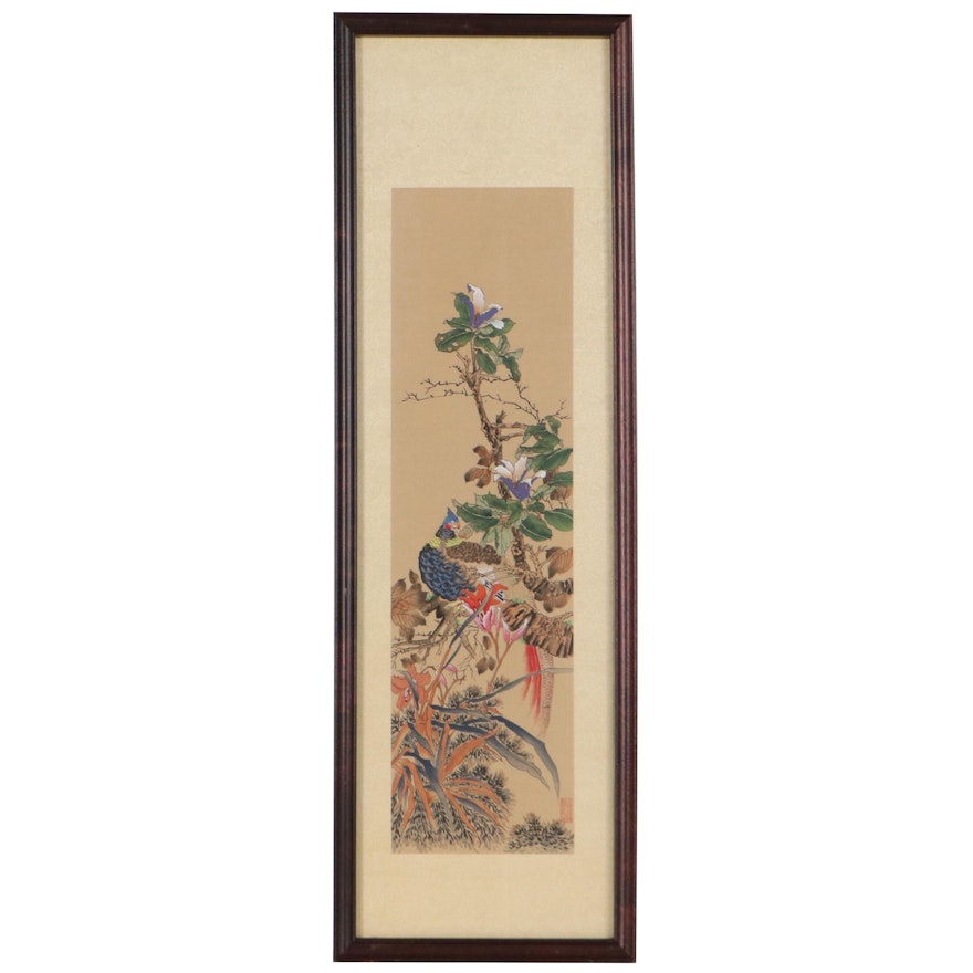 Gouache Painting on Silk After Ren Yi "Pheasant of the Springtime Blossoms"