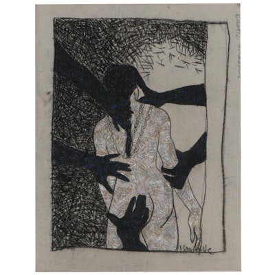 Figural Charcoal and Pastel Drawing "Kaotic Shadows," Late 20th Century
