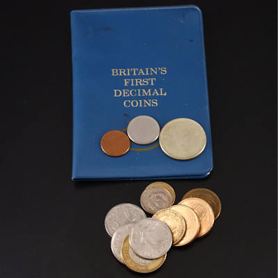 Group of Foreign and Domestic Coins Including Britain's First Decimal Coins Set
