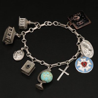 Vintage Sterling Glass Religious Themed Charm Bracelet