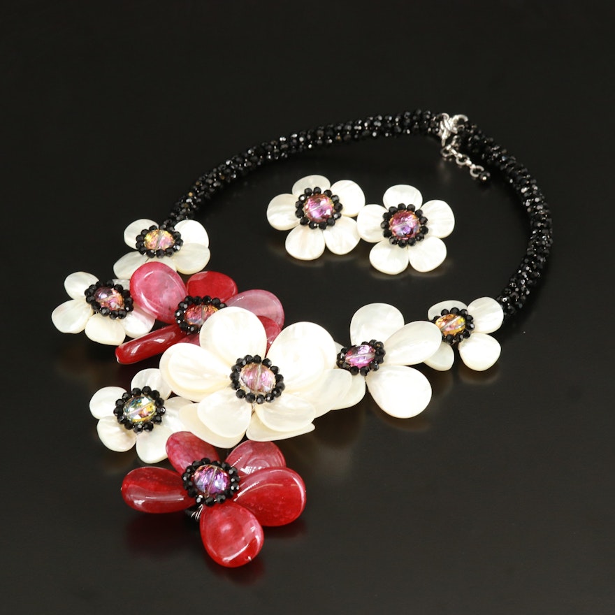 Mother of Pearl, Quartz and Glass Floral Necklace and Earring Set