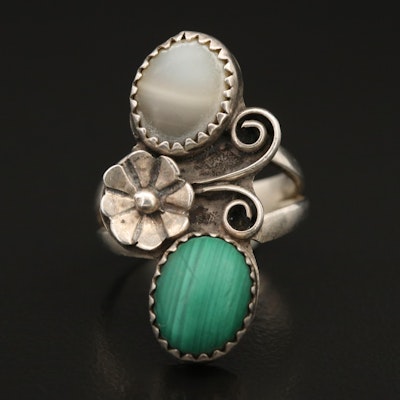 Sterling Agate and Malachite Flower Ring