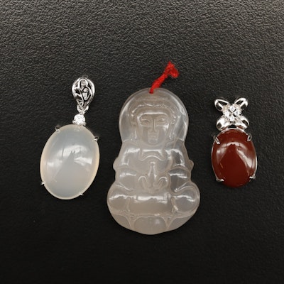 Guan Yin Carved Pendant Featured with Sterling Agate and Carnelian Pendants