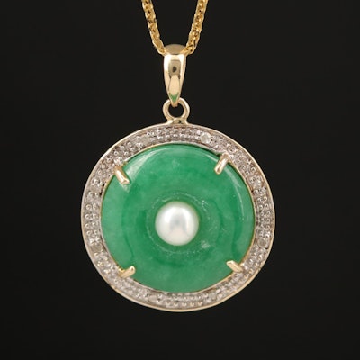 14K Pearl, Jadeite Bi and Diamond Pendant Necklace