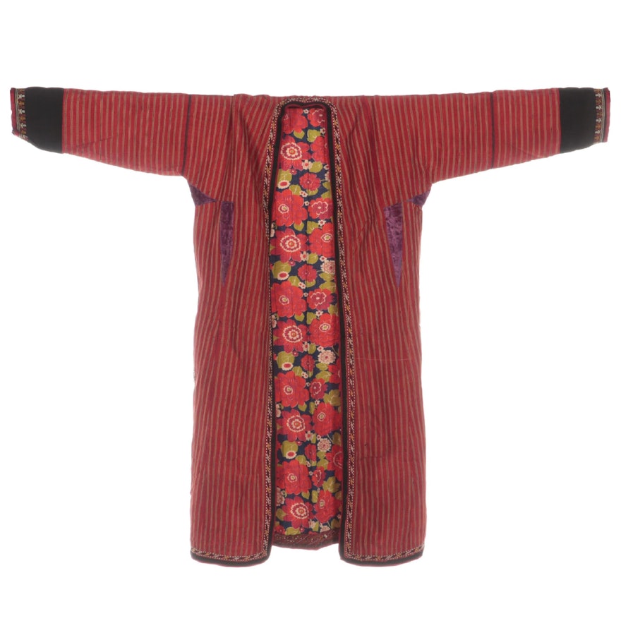 Central Asian Turkmen Chapan Coat in Red Stripe, Embroidery and Floral Lining