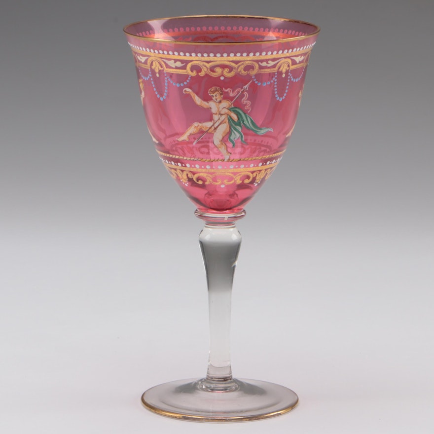 Moser Neoclassical Style Hand-Decorated Cranberry Glass Wine Glass