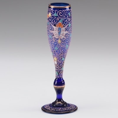 Moser Enameled Cobalt Glass Champagne Flute, Late 19th/Early 20th Century