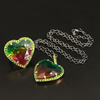 Sterling Quartz Doublet and Diopside Heart Pendant Necklace and Ring Set