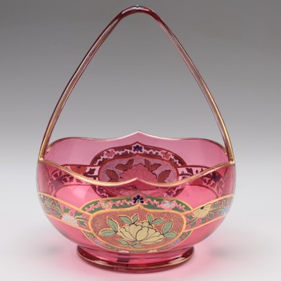 Moser Gilt and Enameled Cranberry Glass Basket, Late 19th/Early 20th Century