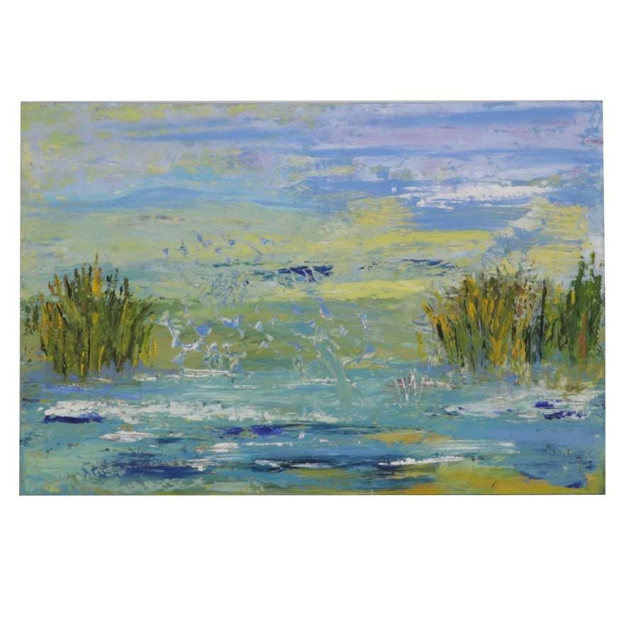 Elaine Neumann Oil Painting of Abstracted Pond Scene, 2020