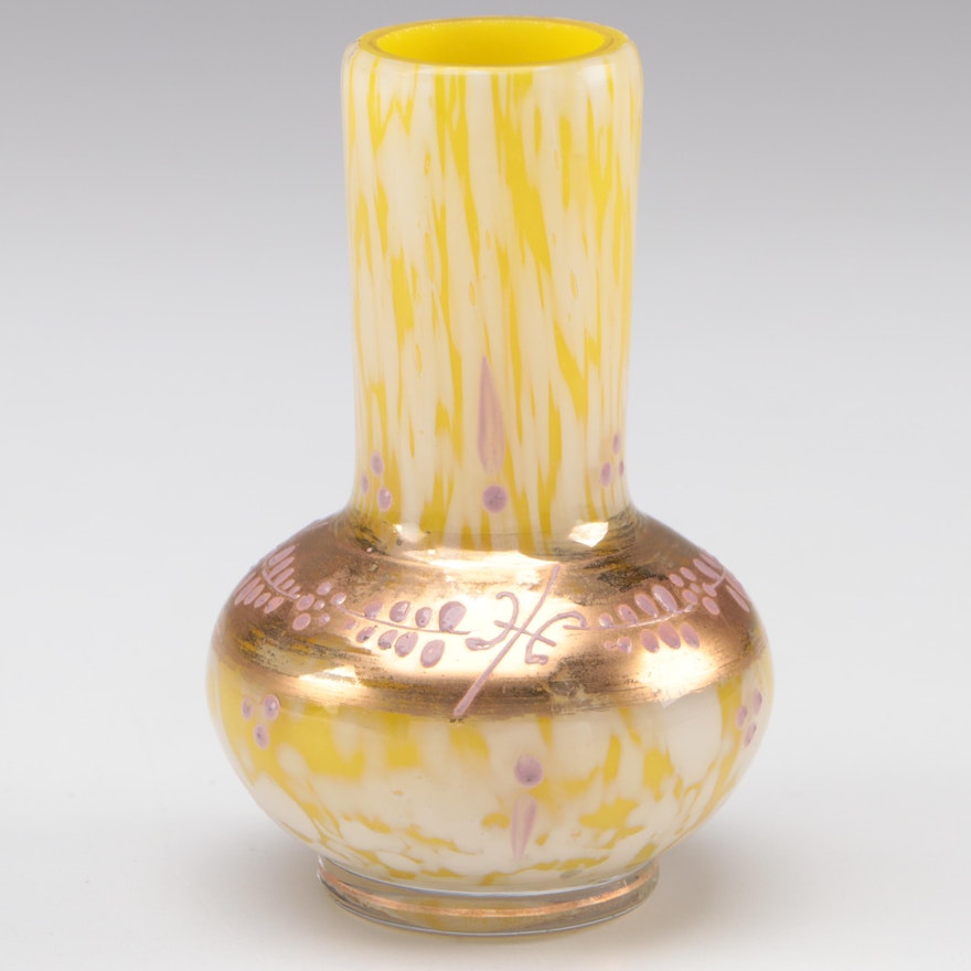 Bohemian Yellow and White Spatter Glass Vase with Gilt and Enameled Accents