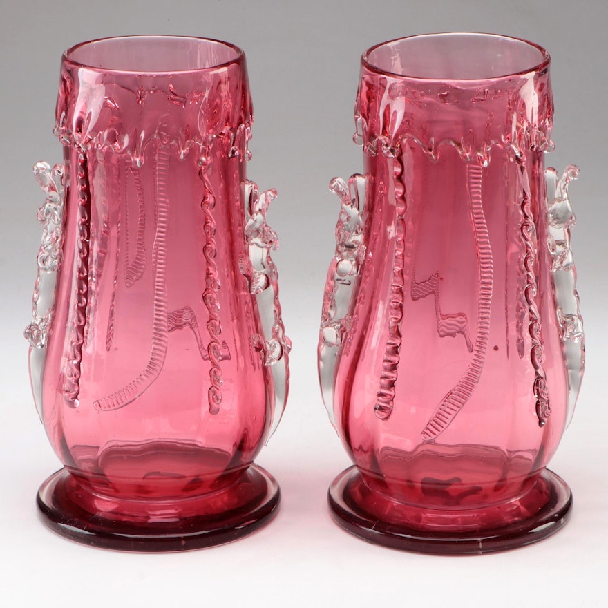 Pair of Moser Cranberry Glass Vases with Applied Alligator Rigaree, Late 19th C.