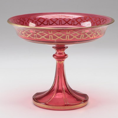 Bohemian Cranberry Glass Tazza with Geometric Gilt Accents
