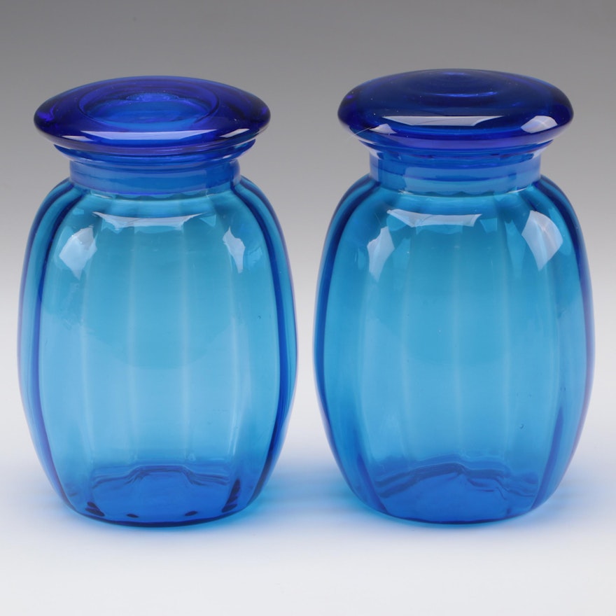 Moser Karlsbad Art Deco Blue Ribbed Dresser Jars, Early to Mid 20th Century