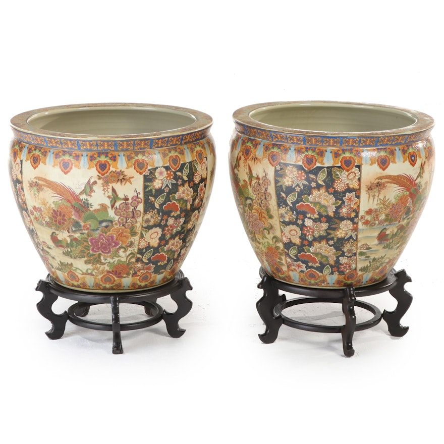 Pair of Chinese Transfer-Decorated Fishbowl Planters on Stands