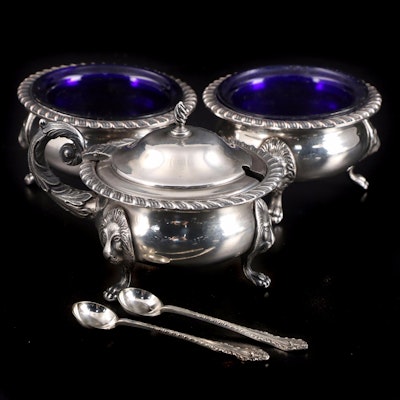 English Silver Plate and Cobalt Glass Lion-Footed Salt Cellars and Mustard Pot