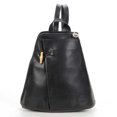 Longchamp Polished Black Leather Backpack Purse with Simulated Bamboo Toggle