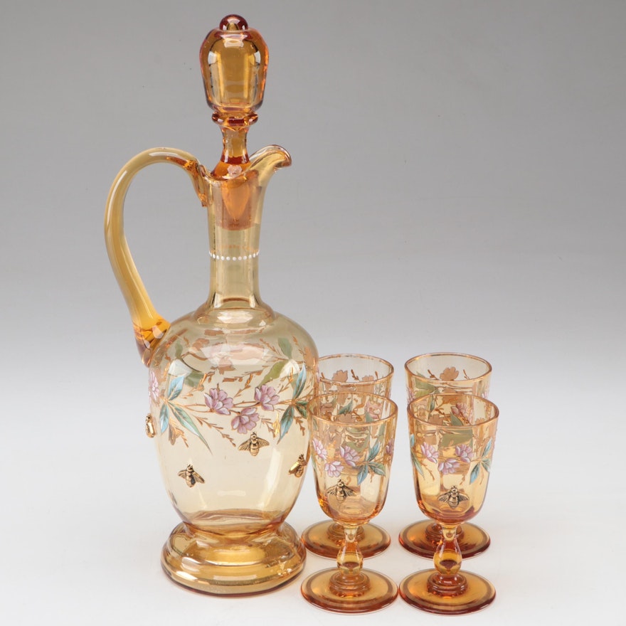Moser Amber Glass Decanter and Stemware with Applied Gilded Bees, Mid-20th C.