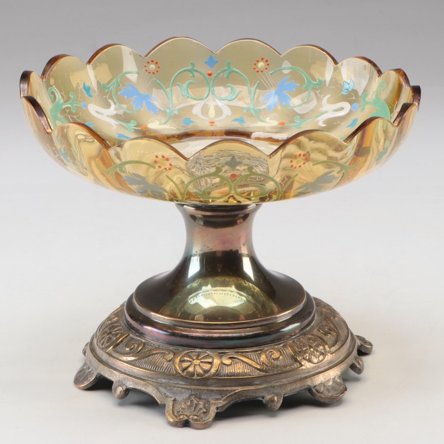 Moser Enameled Amber Glass Compote with Silver Plate Base