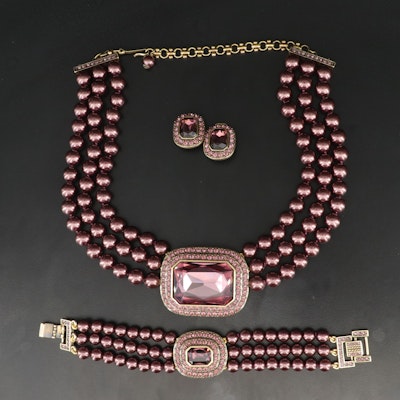 Heidi Daus Large Crystal and Faux Pearl Necklace, Bracelet and Earring Set
