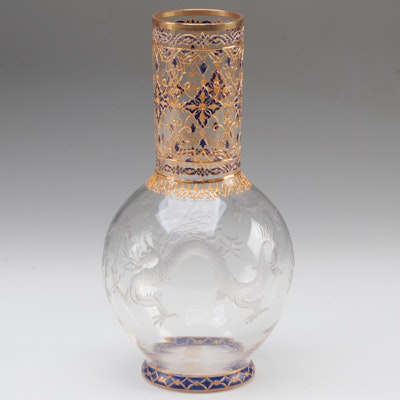 Moser Clear Glass Vase with Intaglio Cut Dragon and Flowers, Late 19th Century
