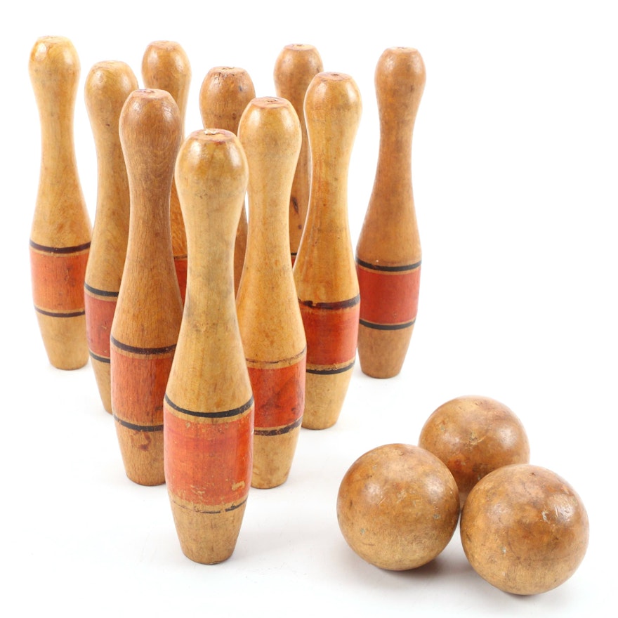 Milton Bradley Wood Table Top Bowling Set, Early 20th Century