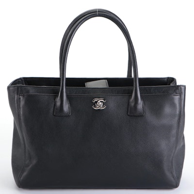 Chanel Cerf Executive Medium Tote in Black Grained Leather with CC Turnlock