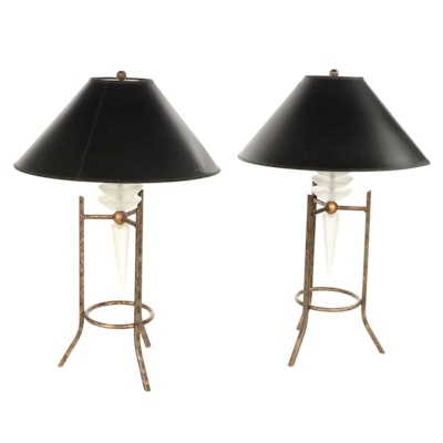 Pair of Modernist Style Metal and Frosted Glass Table Lamps