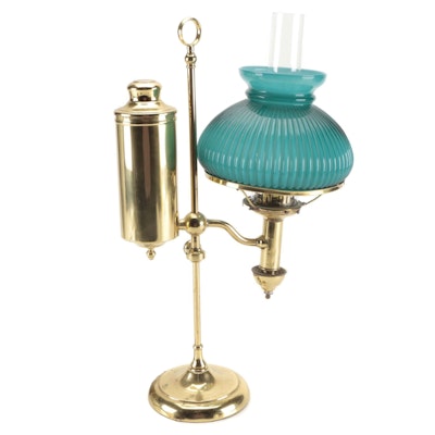 Brass Student Lamp with Green Glass Shade, Late 19th C, Adapted Mid-20th C