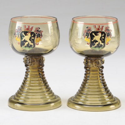 German Olive Green Etched Roemer Wine Glasses with Heidelberg City Crest