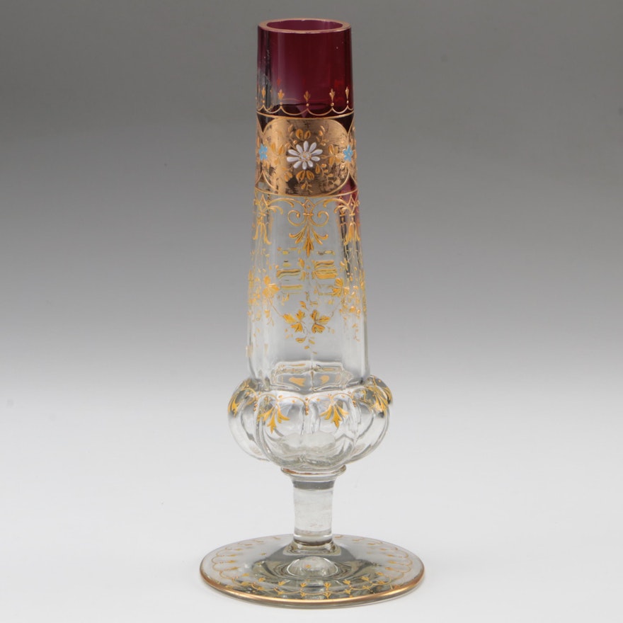 Moser Gilt and Enameled Cranberry to Clear Glass Vase, Late 19th/Early 20th C.