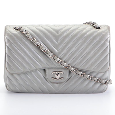 Chanel Jumbo Flap Classic Metallic Silver Chevron Quilted Caviar Leather and Box