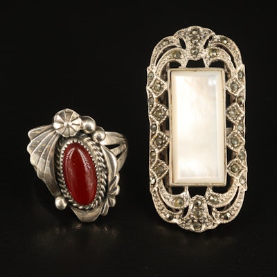 Sterling Mother of Pearl, Marcasite and Carnelian Rings